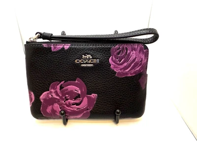 Coach угловая молния кошелек с ремешком фиолетовый розовый цветочный принт, шагреневая кожа. Новый с Ярлыками. - Изображение 1 из 4