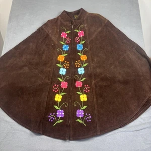 Vintage Queen of the Plains Cape Womens Medium Suede Floral Embroidered Boho 70s - Picture 1 of 11