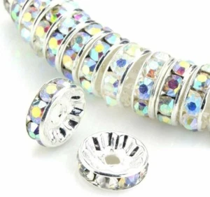 10 Spacer Beads Rhinestone Spacers Clear Crystal AB Silver 6mm Sparkle Findings - Picture 1 of 1