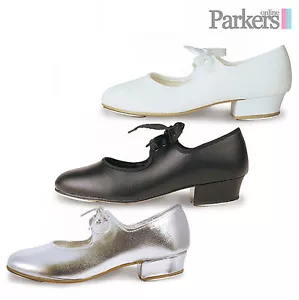 ZAPATOS ROCH VALLEY TAP NIÑAS TACÓN BAJO PLATA BLANCO NEGRO PU DANCE 5C - 8A LHP - Imagen 1 de 4