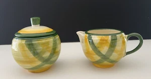 Vintage Vernonware Gingham Plaid Green Yellow Creamer & Sugar Bowl w/Lid - Picture 1 of 10