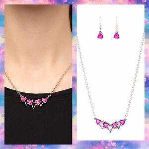 Paparazzi Pyramid Prowl Pink Necklace set iridescent triangular sparkling gems