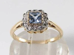 DAINTY 9k 9CT GOLD CEYLON SAPPHIRE DIAMOND ART DECO INS HALO RING FREE RESIZE - Picture 1 of 5