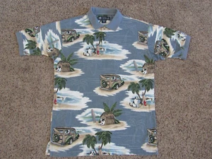 BIG DOG ALL OVER PRINT POLO SHIRT HAWAIIAN TROPICAL ISLAND WOODIE SURFER MENS L - Picture 1 of 11