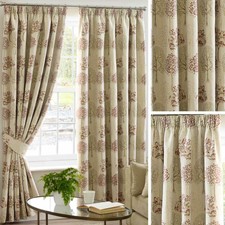 Beige Tape Top Curtains Chintz Tree Readymade Lined 3" Pencil Pleat Curtain Pair