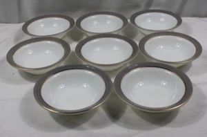 Vintage Pyrex Dove Gray Gold Milk Glass Set 8 Fruit Dessert Bowls 5 3/8" - Picture 1 of 5