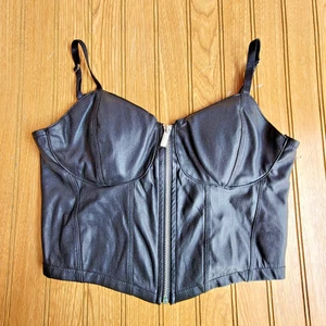 Madden NYC Faux Leather Bustier Top L Large Black Zip Front Grunge Goth - Picture 1 of 9