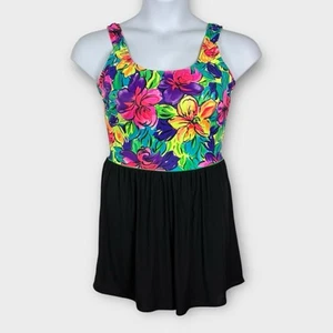 VTG 80s 90s SunBird Sz 14 One Piece Swim Suit/Swim Shorts Colorful Floral Black - Picture 1 of 5
