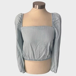 CLoth & Stone Small Blue Chambray Top Square Neck Puff Shoulder  - Picture 1 of 8