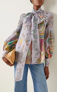 ZIMMERMANN Concert Print Lavender Star High Tie Neck Crystal Button Top Blouse 0 - Picture 1 of 7