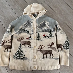 Vintage LRL Ralph Lauren Wollpullover PL LARGE Handstrick Berg Hirsch Kapuze - Bild 1 von 14