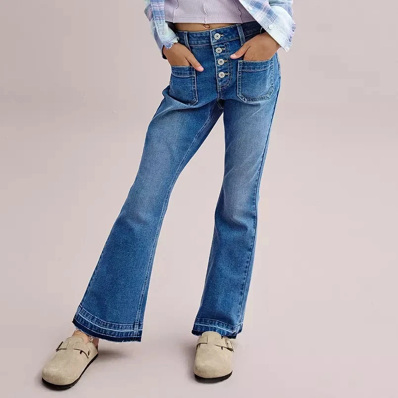 Pantalones de mezclilla SO tiro alto parche bolsillo acampanados niñas azul cintura ajustable talla grande 6 nuevos con etiquetas Foto 1 de 4