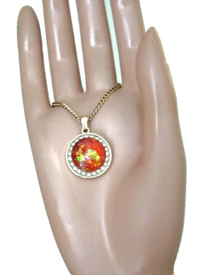 Colgante de ópalo facetado ópalo de fuego mexicano 16 mm en acero inoxidable 18 kgp y circonita cúbica halo Foto 1 de 4