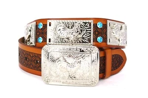 West Star Texas Concho Brown Belt Rooster Blue Rhinestones Turquoise Pants 38 - Picture 1 of 9