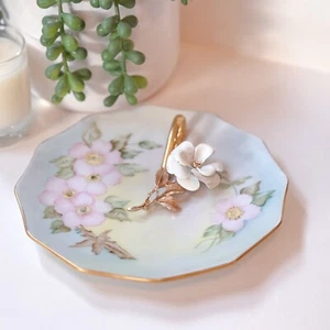 VTG Porcelain Dresser Vanity Tray Hand Painted Flowers Gold edge trinket nappy - Picture 1 of 9