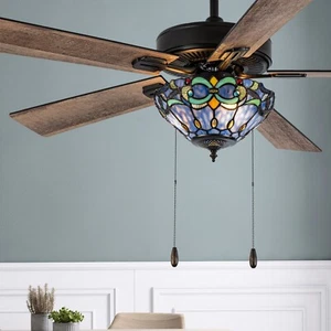 Stained Glass Ceiling Fan with Lights Remote 3 Light Tiffany Chandelier 52" Blue - Picture 1 of 7