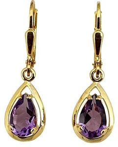 Pendientes 333 De Amatista Real En Forma De Gota De 8 Quilates De Oro Amarillo - Imagen 1 de 3