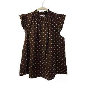 Bucketlist Crosshatch Print Ruffle Neck Cap Sleeve Top Size Large - Picture 1 of 5