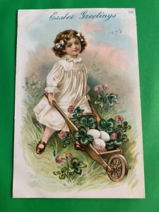 Girl w/ Eggs & Clover in Wheelbarrow ~ Easter Postcard ~ Posted 1908 ~ Embossed - Picture 1 of 2