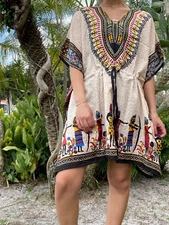 Boho Short Kaftan Beige Black Printed Handmade Women Summer Caftan L-2XL