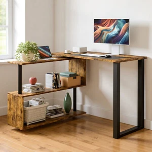 L-Shaped Desk 360° Rotating Computer Desk with Bookshelf Corner Desk Walnut - Picture 1 of 7