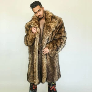 Mens Furry Faux Fox Fur Coat Winter Warm Long Thick Outwear Parka Luxury Jackets - Picture 1 of 10