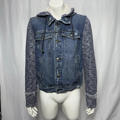 Free People Size Medium Blue Hooded Distressed Soft Denim Jean Jacket - Image 1 of 4