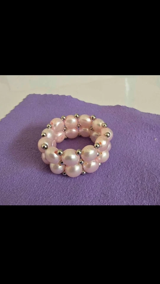 GENUINE PINK PEARL DOUBLE-ROW STRETCH BAND RING WITH STERLING BEADS, SIZE 6-10 - Image 1 of 1