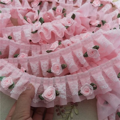 Cinta de bordar plisada de gasa flores 3D con adornos de encaje hágalo usted mismo manualidades costura Foto 1 de 4
