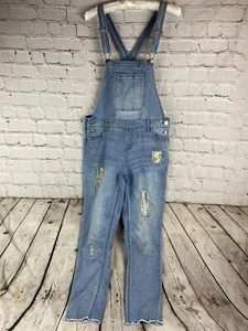 Justice Girl's Size 16 Denim Blue Jean Overalls Sequin Patches Raw Hem LKNW - Picture 1 of 7