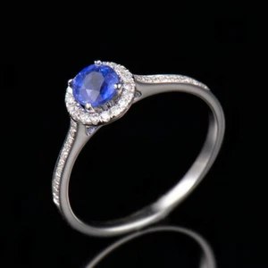 Runder 5,0 mm natürlicher Diamant blauer Saphir Halo Ring massiv 14 K Weißgold - Bild 1 von 4