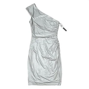 David Meister One Shoulder Metallic Silber Cocktailkleid Größe 4 neu mit Etikett - Bild 1 von 12