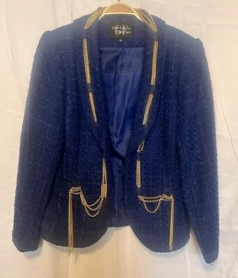 Jaqueta Ferrari Giancarlo Vintage Azul Real Ouro Correntes de Metal 10 Tweed Cetim Lin - Imagem 1 de 4