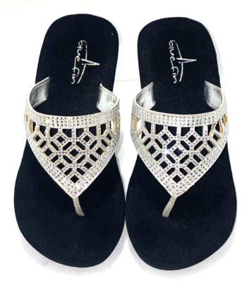 Blue Fin Rhinestone Faux Leather Wedge Platform Flip Flops Size 6 Silver B*O - Image 1 of 4