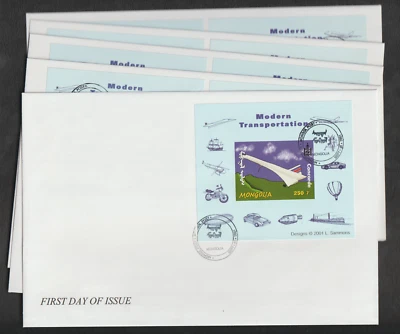 MONGOLIA 2001 modern transportation 5 FDC covers Deluxe Mini sheets - Image 1 of 4
