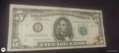 $5 off center bill. 1988 series. Circulated  - Image 1 of 3