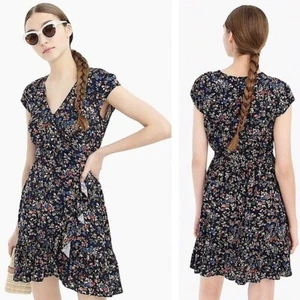 J. CREW womens sz 6 blue tapestry floral cap sleeve ruffle faux wrap mini dress - Picture 1 of 6