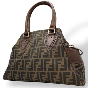 Authentic FENDI Etnico Zucca Tote Handbag Canvas Leather Brown Gold - Picture 1 of 21