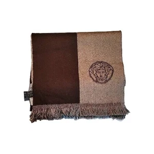 VERSACE 100% Wool Striped Rectangular Scarf 11" X 72" Brown Made In Italy - Picture 1 of 7