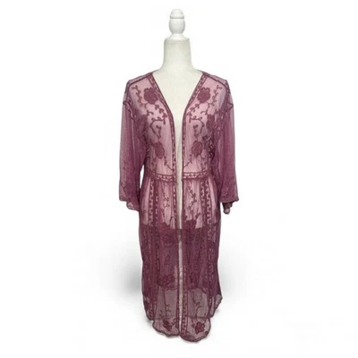 Cárdigan kimono de encaje Lauren Conrad rosa polvoriento talla única bordado plumero boho Foto 1 de 4