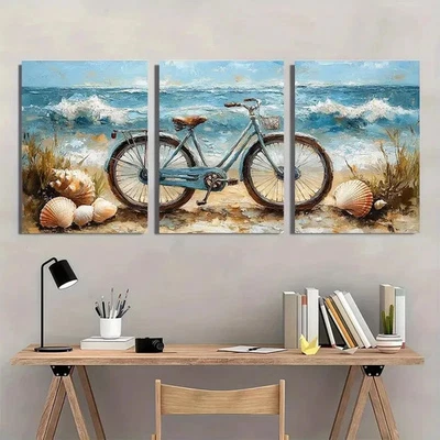 3pcs Ocean Coastal Scene with Seashells Bicycle Metal Print Ready to Hang Art - Image 1 of 4