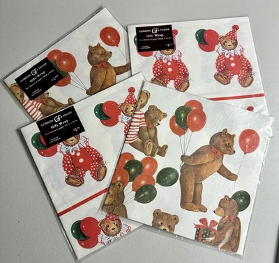 Papel de embrulho de presente vintage Gordon Fraser ursos de aniversário ursinho de pelúcia verde vermelho - Imagem 1 de 4