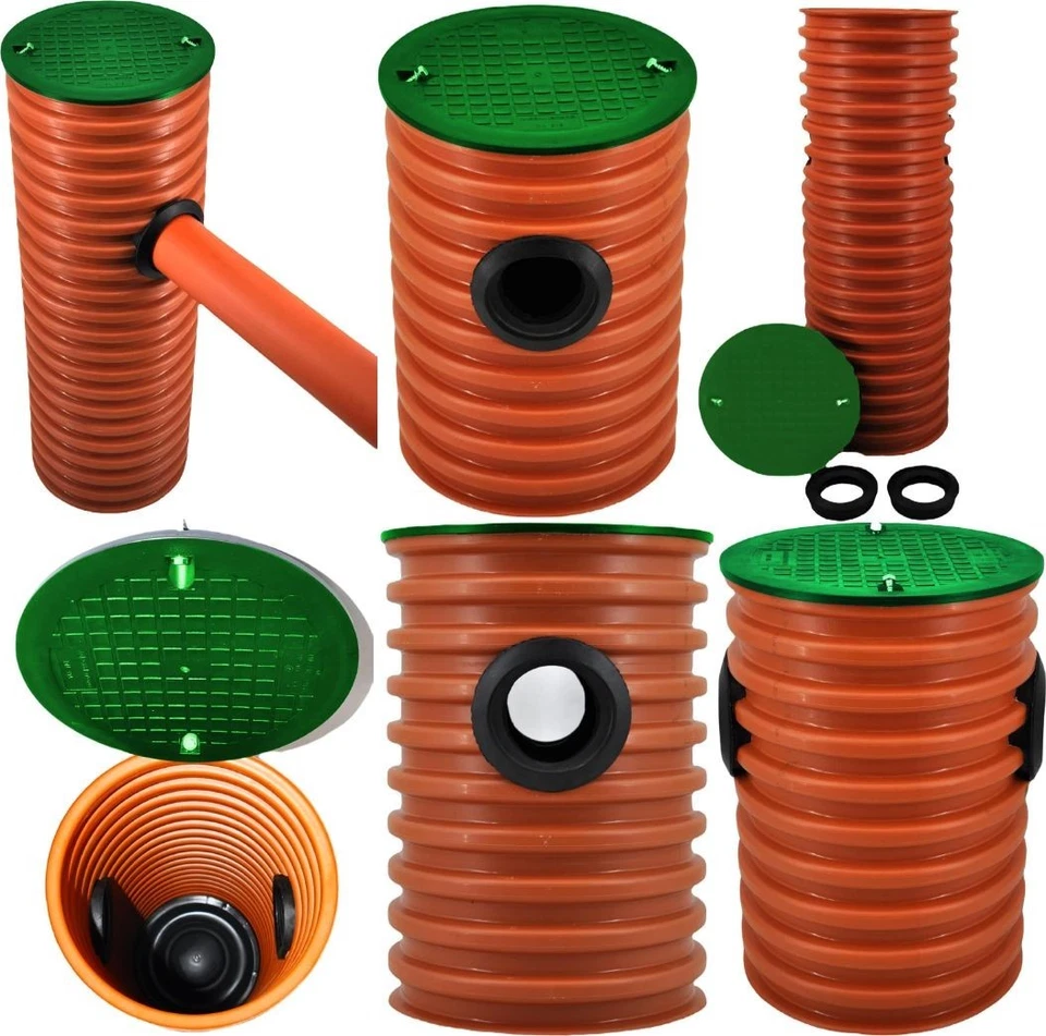 MEGAASTORE Drainageschacht DN315 0,5m/1m mit Anschluss 2xDN110/2xDN160 Deckel Grün