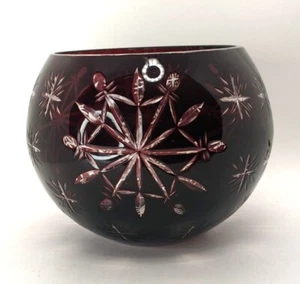 Rubinrot geschliffen auf Klarglas Blumenschale runde Vase Schneeflocken Sterne 5,5" - Bild 1 von 5