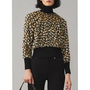 Tory Burch VELVET DEVORE TURTLENECK TOP in Little Black Leaves Black Gold NEW 4 - Picture 1 of 8