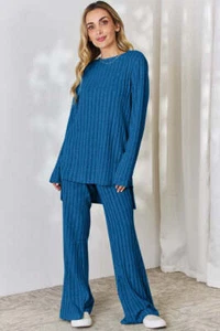 Basic Bae Full Size Ribbed High-Low Top and Wide Leg Pants Set - Picture 1 of 28