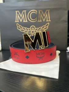 MCM Gold Buckle Claus Reversible Leather Belt One Size - Red - Picture 1 of 1