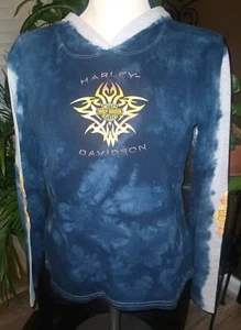 Hooded Harley Davidson Daytona Blue Tie Dye Longsleeve Shirt Rhinestone Sz Large - Picture 1 of 9