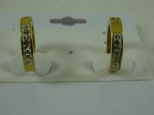 Gold Crystal Stainless Steel Small Huggie Hinged Hoop Earrings 5/8"