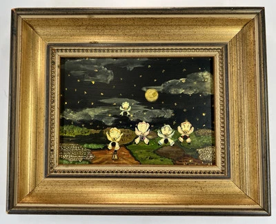 "Pintura primitiva Mary Barwick Alabama ángeles en nubes 9x11"" arte popular sureño" Foto 1 de 4